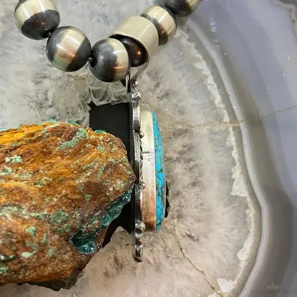 Mary Ann Spencer Sterling Silver Elongated Kingman Turquoise Decorated Pendant - Picture 6 of 10